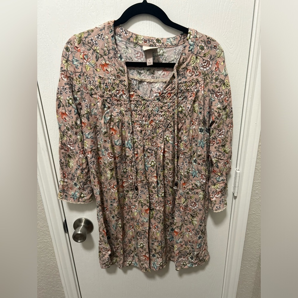 Knox Rose Light Pink Floral Tunic Dress Flowy Boho Size XL long sleeve